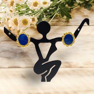 Vintage Gold Tone Blue Enamel Oval Pierced Earrings